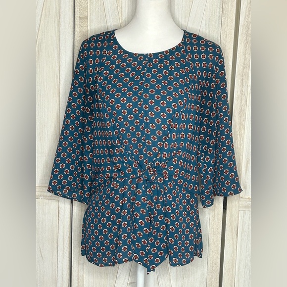 Chenault Teal Geometric Print Tie Front Draped Blouse sz M EUC Boho Eclectic - Picture 2 of 12